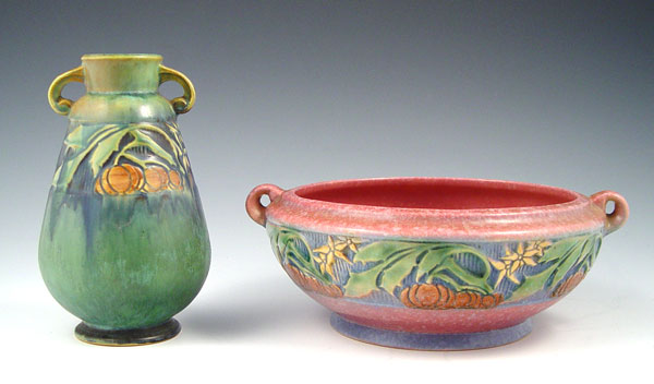 Appraisal: PIECE ROSEVILLE ''BANEDA'' POTTERY To include Green handled vase ''