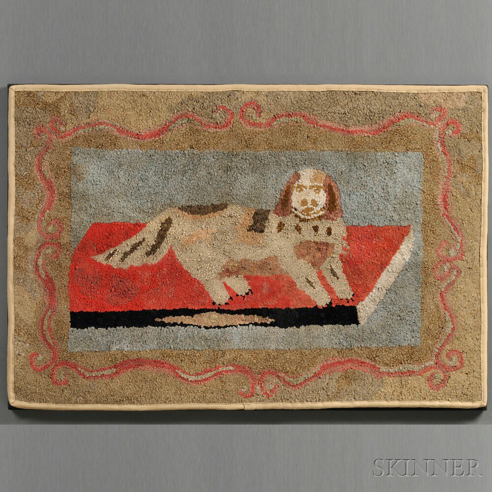 Appraisal: Figural Wool Hooked Rug with Recumbent Spaniel America late th