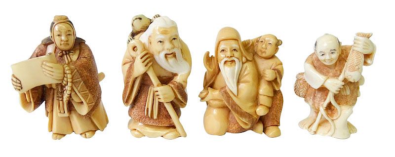 Appraisal: Four Chinese Carved Netsuke Groups Four Chinese Carved Ivory Netsuke