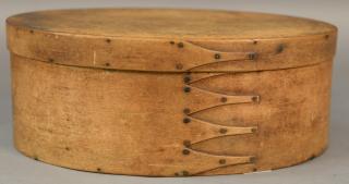 Appraisal: Shaker oval pantry box five finger with copper points and