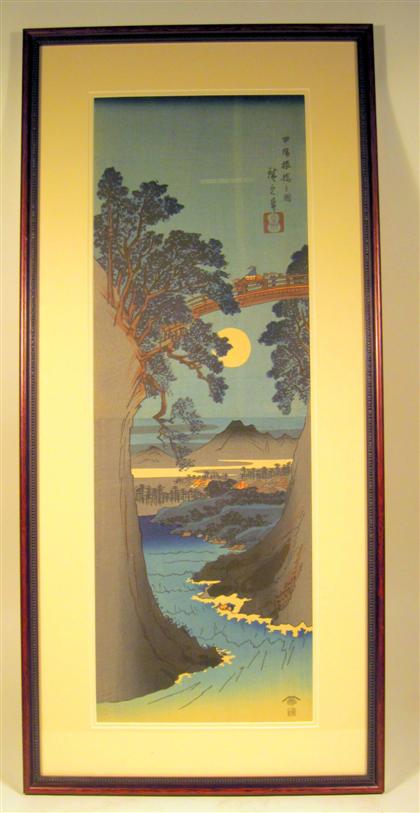 Appraisal: Japanese framed woodblock printDepicting a moonlit landscape scene with figure