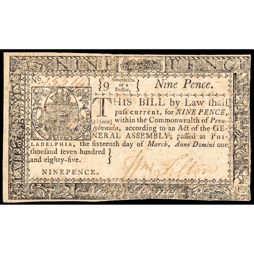 Appraisal: Colonial Currency Penn March Nine Pence or Ninetieths of a