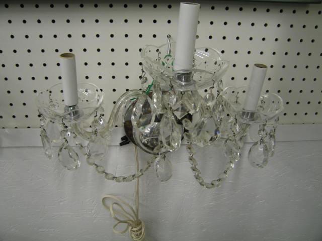 Appraisal: Pair of Italian Cut Crystal Wall Sconces triple sconce tear