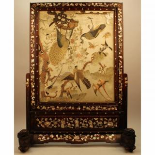 Appraisal: Antique Chinese Rosewood TableScreen w Silk Panel Antique Chinese Rosewood