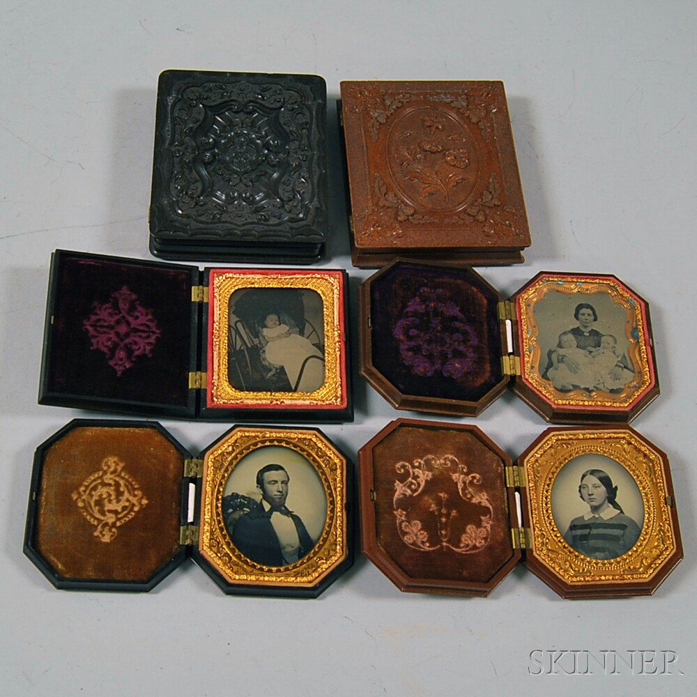 Appraisal: Four Sixth-plate Ambrotype Portraits and Two Quarter-plate Union Cases plates