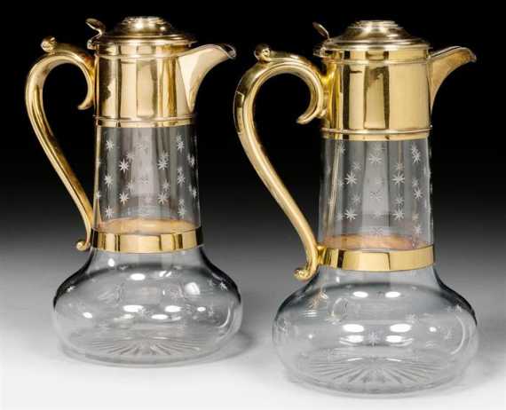 Appraisal: PAIR OF GLASS CARAFFES MOUNTED IN VERMEIL London Horace Woodward