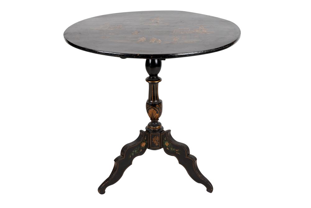 Appraisal: LACQUERED TILT-TOP TABLEwith Chinoiserie motif top and floral-decorated tripod base