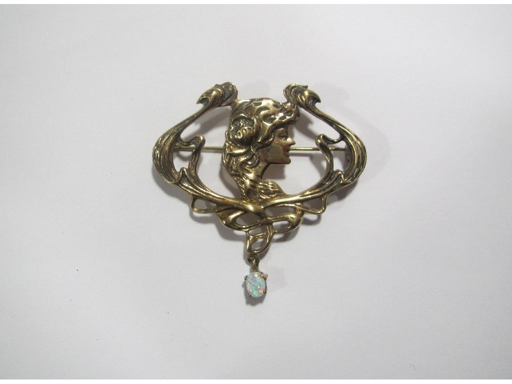 Appraisal: Yellow metal Art Nouveau style brooch with opal dropper