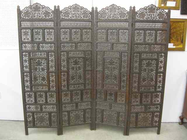 Appraisal: Indian Carved Four Panel Screeen elaborate openwork with leaf vine