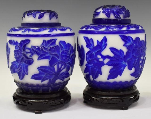 Appraisal: pair Chinese Peking glass overlay jars each with domed lid