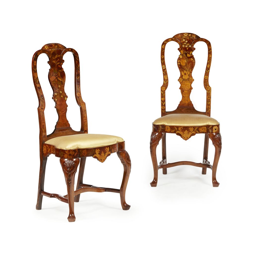 Appraisal: PAIR OF DUTCH MARQUETRY SIDE CHAIRS TH CENTURY each with