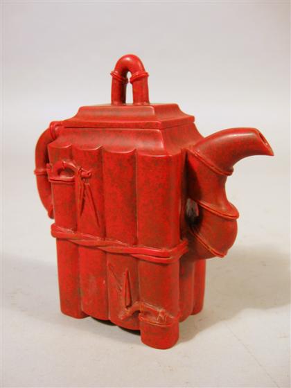 Appraisal: Chinese 'pigeon blood' stone teapot th century Of stylized bamboo