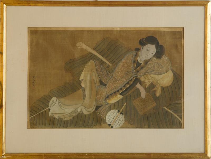 Appraisal: CHINESE SCHOOL TH TH RECLINING FEMALE WITH MANUSCRIPT Watercolor on