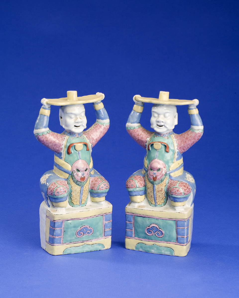 Appraisal: PAIR OF CHINESE EXPORT PORCELAIN FAMILLE ROSE TAPER STICK HOLDERS