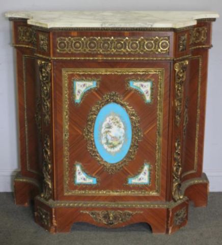 Appraisal: Marble Top Bronze Mounted Cabinet with PorcelainInserts Marked made in