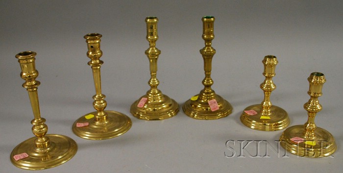 Appraisal: Three Pairs of Williamsburg Restoration Brass Candlesticks cast raised marks