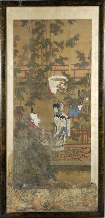 Appraisal: Chinese Silk Scroll Painting of a Garden with Female Figure