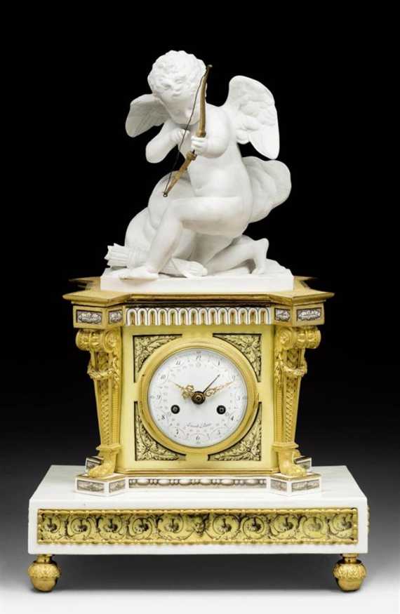 Appraisal: BISCUIT MANTEL CLOCK A L'AMOUR the case from Manufacture d'Angoul