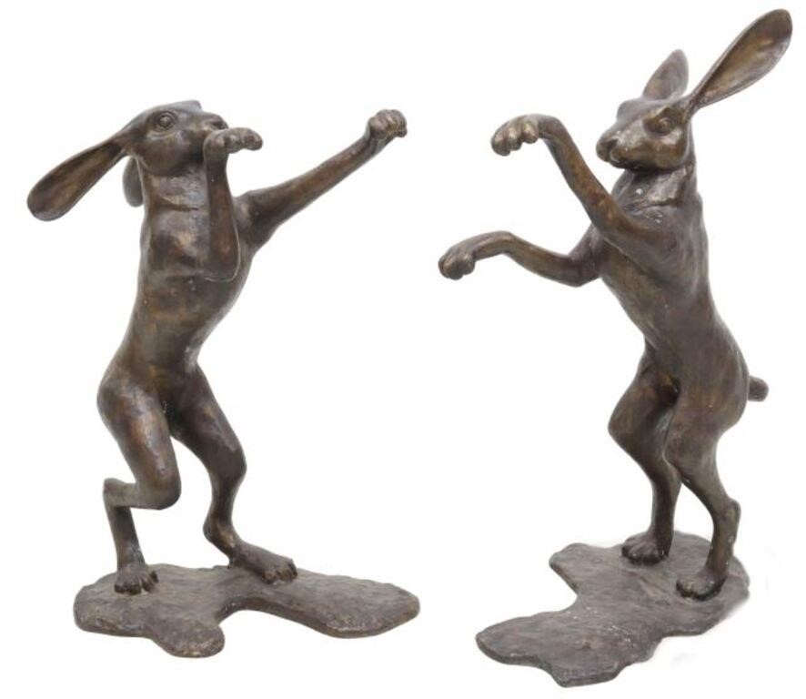 Appraisal: pair Patinated bronze sculptures Boxing Hares rising on conjoining bases