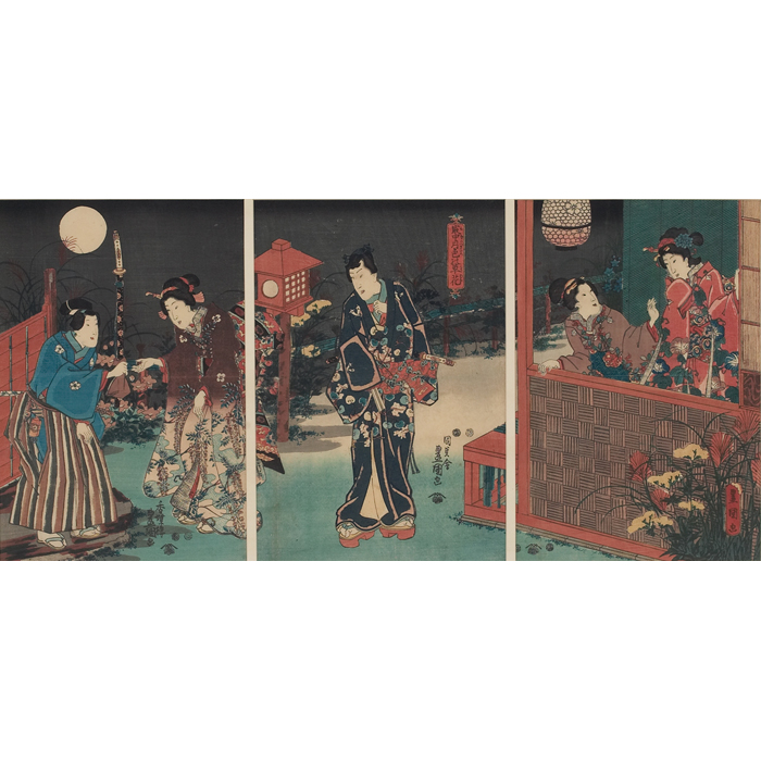 Appraisal: Utagawa Kunisada Toyokuni III c Japanese woodblock print triptych with