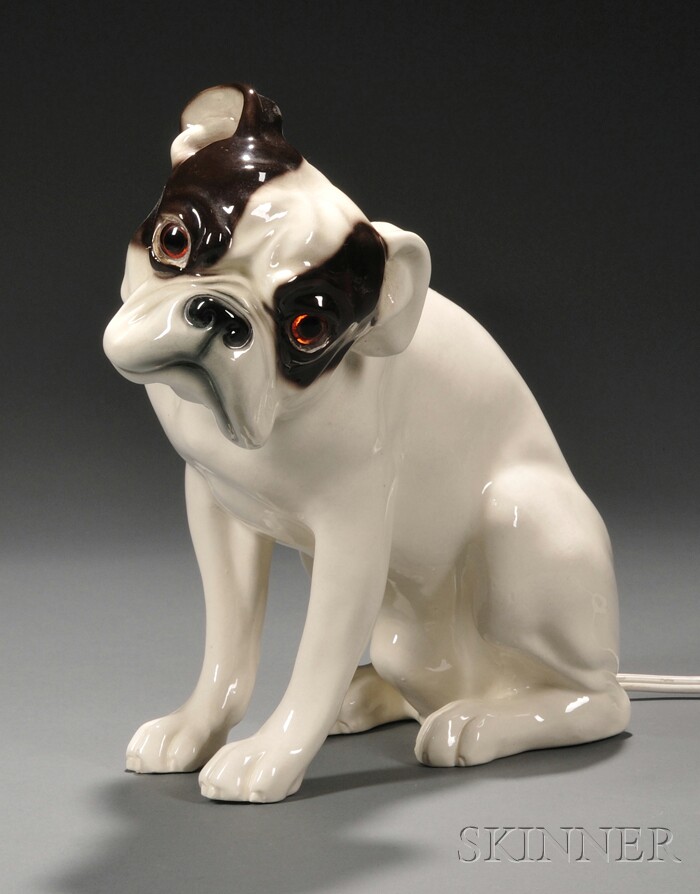 Appraisal: French Bulldog Pottery Figure Molded glazed ceramic and glass Vienna