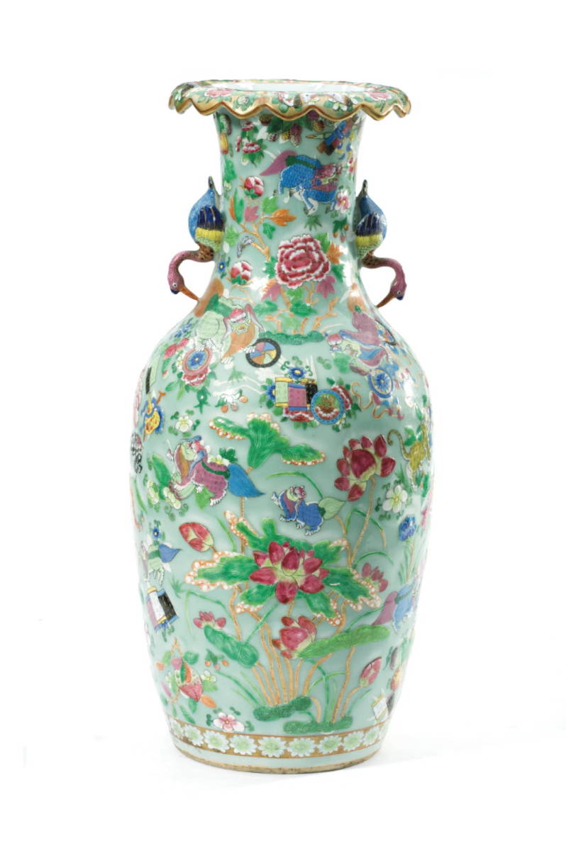 Appraisal: CHINESE EXPORT PORCELAIN FAMILLE ROSE TEMPLE VASE The celadon ground