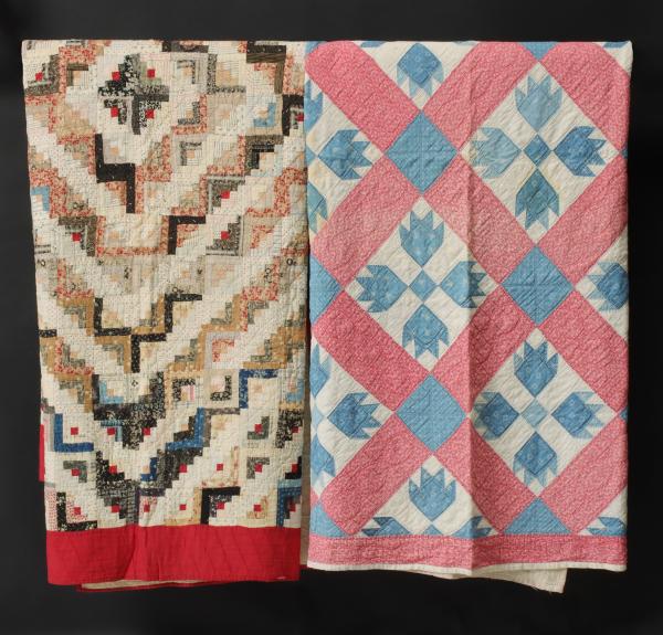 Appraisal: ANTIQUE 'LOG CABIN' AND 'BEAR'S PAW' QUILTSEach quilt hand pieced