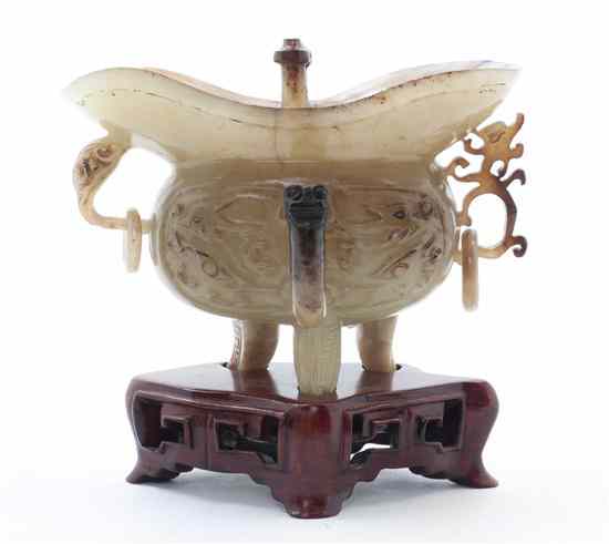 Appraisal: An Archaistic Jade Jue Form Libation Cup having openwork and