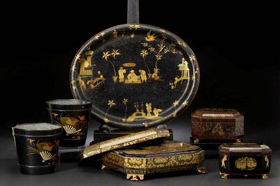 Appraisal: Chinese Export Gilded Black-Lacquer Tea Box second quarter th century