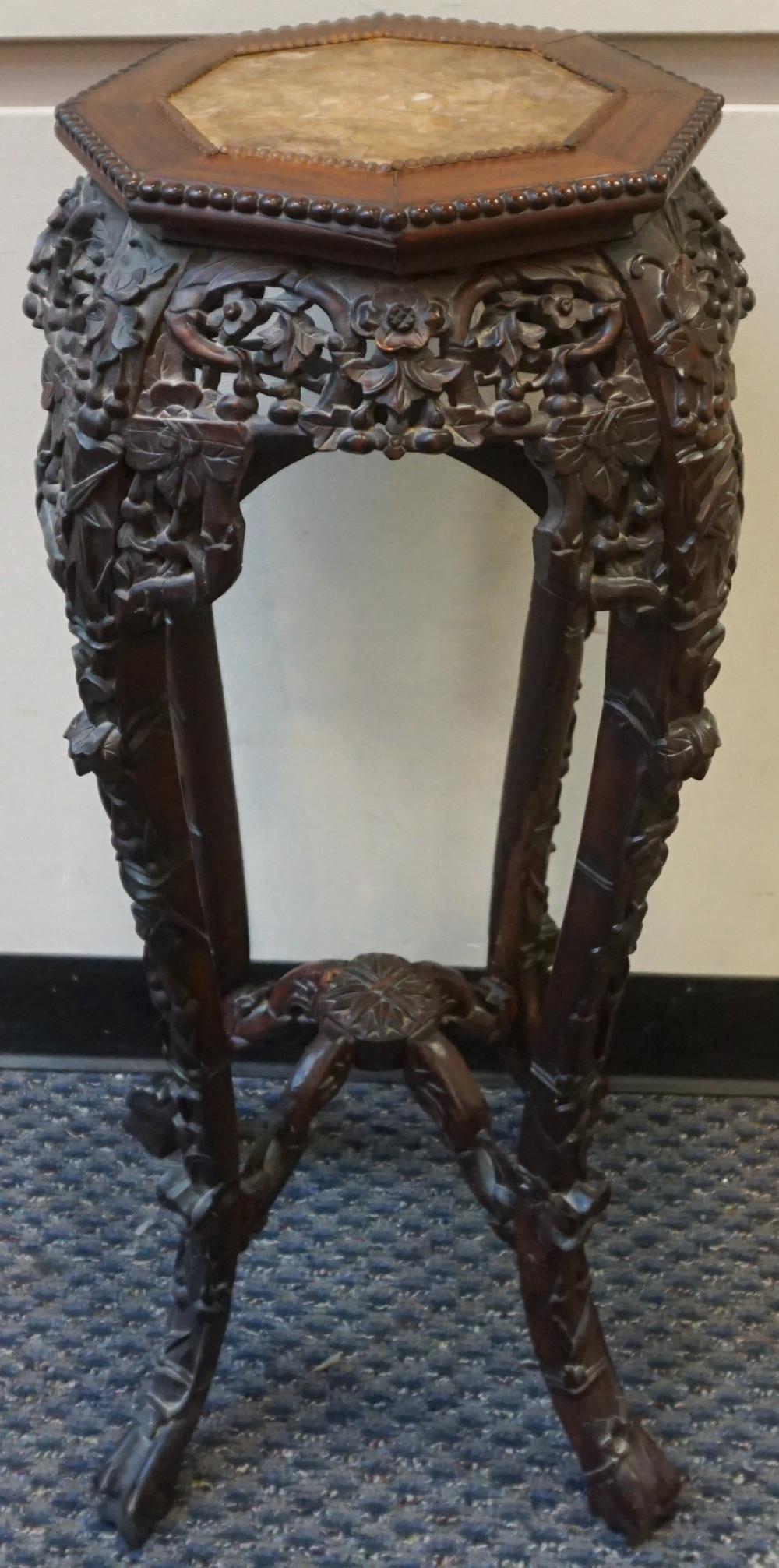 Appraisal: CHINESE CARVED HONGMU AND MARBLE INSET TABOURETTE H IN CM