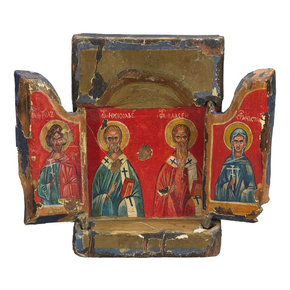 Appraisal: Polish Folding Triptych Painted and Gilt Icon th century opening