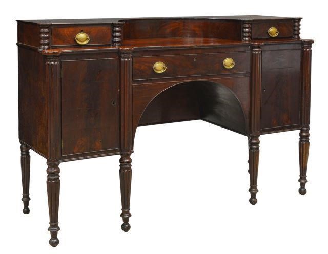 Appraisal: American Sheraton style mahogany sideboard th c concave superstructure with