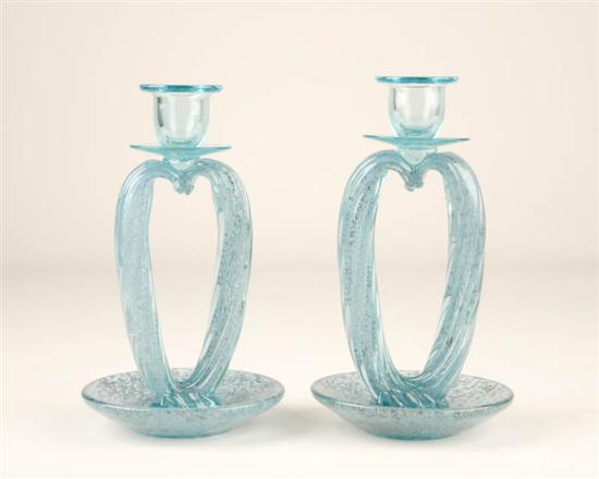 Appraisal: Pair Blue Murano Glass Candle holders unsigned H