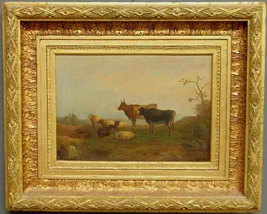 Appraisal: Oil on canvas pastoral landscape scene th c with cows