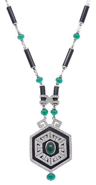 Appraisal: AN ART DECO STYLE ONYX EMERALD AND DIAMOND NECKLACE Having