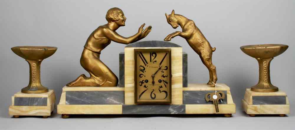 Appraisal: FRENCH ART DECO CLOCK AND ONYX CLOCK GARNITURE R CHICHOIX