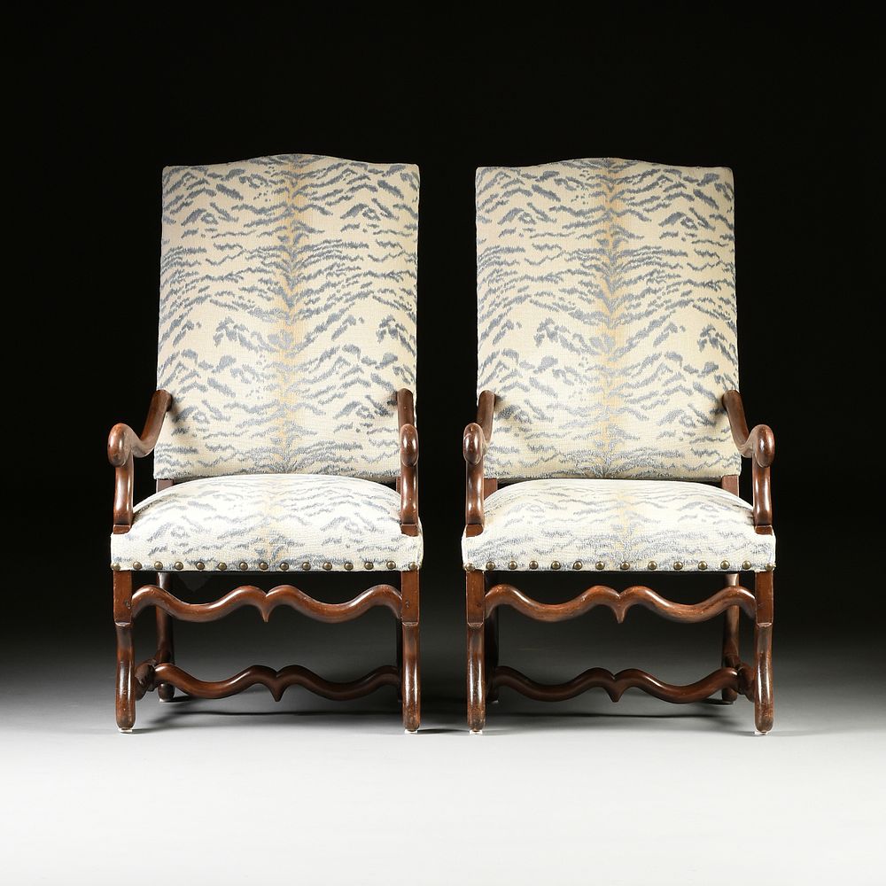 Appraisal: A PAIR OF LOUIS XIV STYLE SCALAMANDR UPHOLSTERED WALNUT TALL