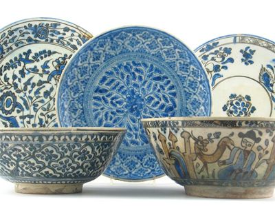 Appraisal: Three Middle Eastern pottery bowls and three dishes variously decorated