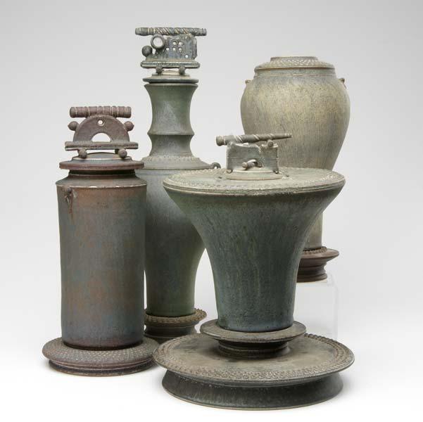 Appraisal: TIM MATHER Four glazed stoneware jars on stands three with