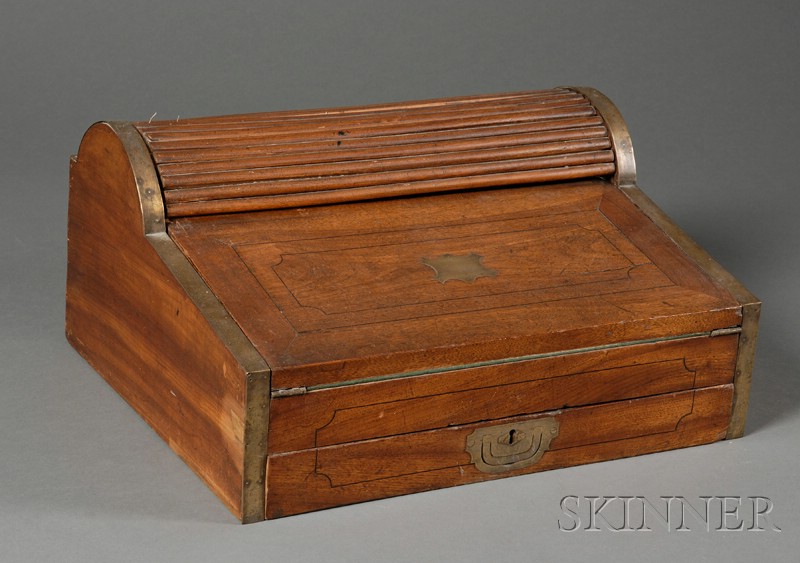 Appraisal: Chinese Export Brass-bound Roll-top Lap Desk c Asian hardwoods with