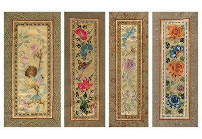 Appraisal: Six Chinese embroidered panels decorated with butterflies flowers birds and