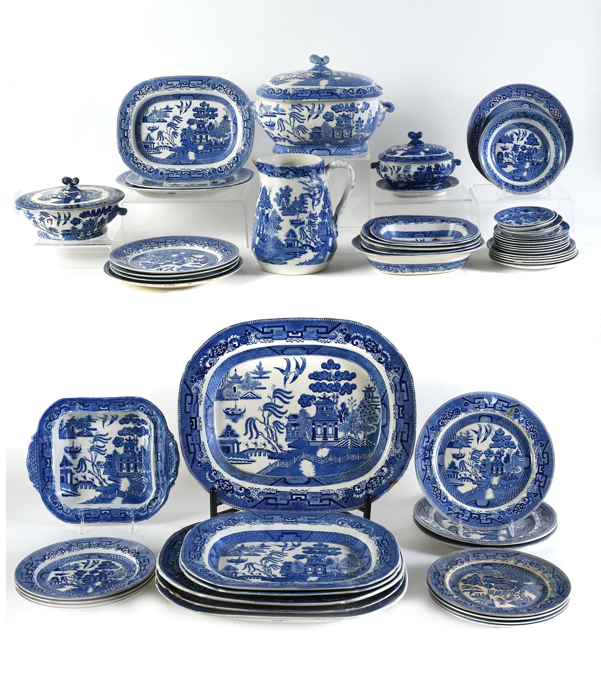 Appraisal: LARGE RIDGEWAY BLUE WILLOW TRANSFERWARE English old willow transferware Comprising