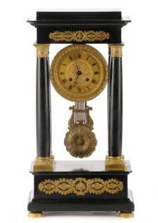 Appraisal: French Empire Black Slate and Ormolu Portico Clock French th