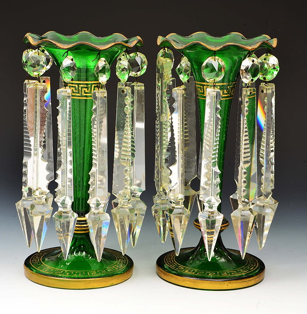 Appraisal: Pair of Victorian green glass table lustreseach with gilt Greek