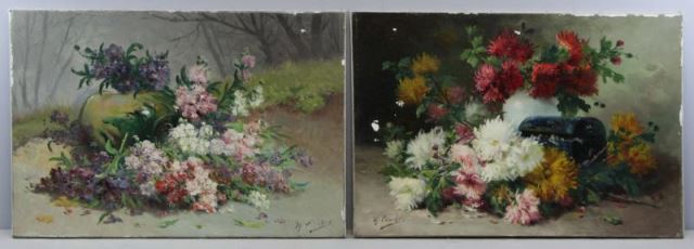 Appraisal: CAUCHOIS Eugene H Two Oils on Canvas FloralStill Lifes Both