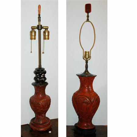 Appraisal: Two Chinese Carved Red Lacquered Lamps Estimate -