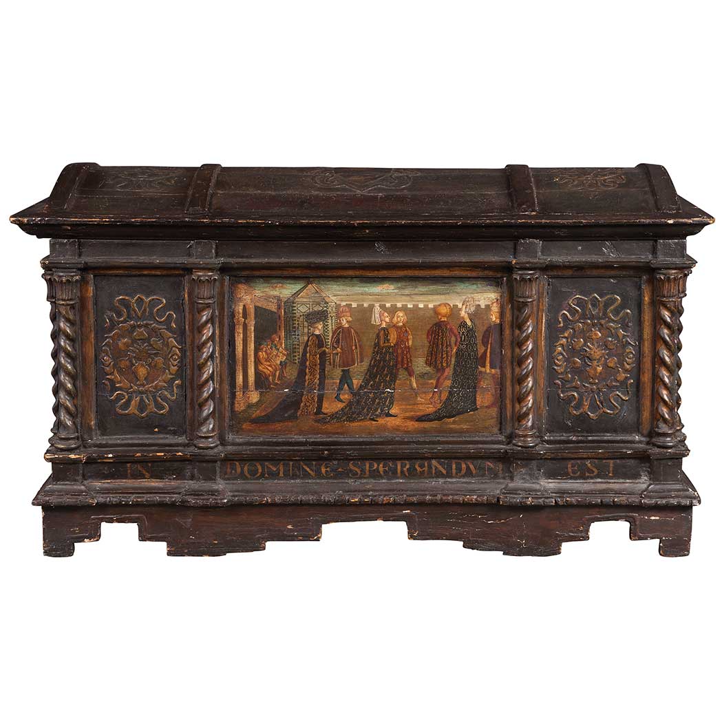 Appraisal: Renaissance Style Painted and Parcel Gilt Domed Coffer The hinged