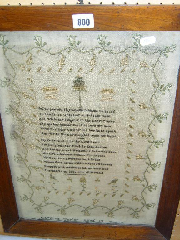 Appraisal: An early th century needlework sampler by Caroline Taylor aged