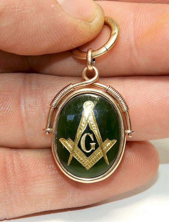 Appraisal: Masonic Green Hardstone KT Gold Watch Fob th Century Depicting