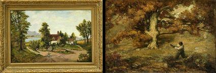 Appraisal: th Century School Cottage in Landscape Oil on canvas signed